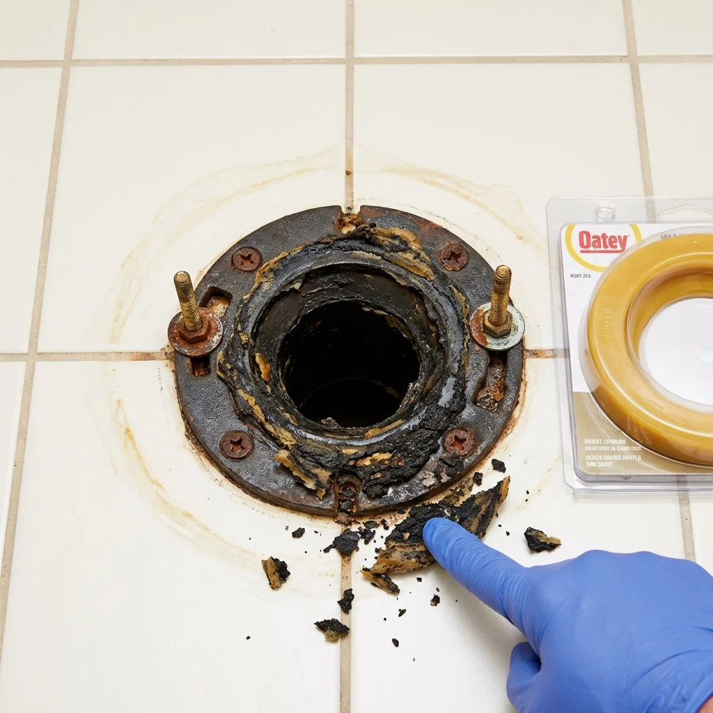 Failed wax ring showing water seepage at the base of a toilet in a Parkersburg, WV home