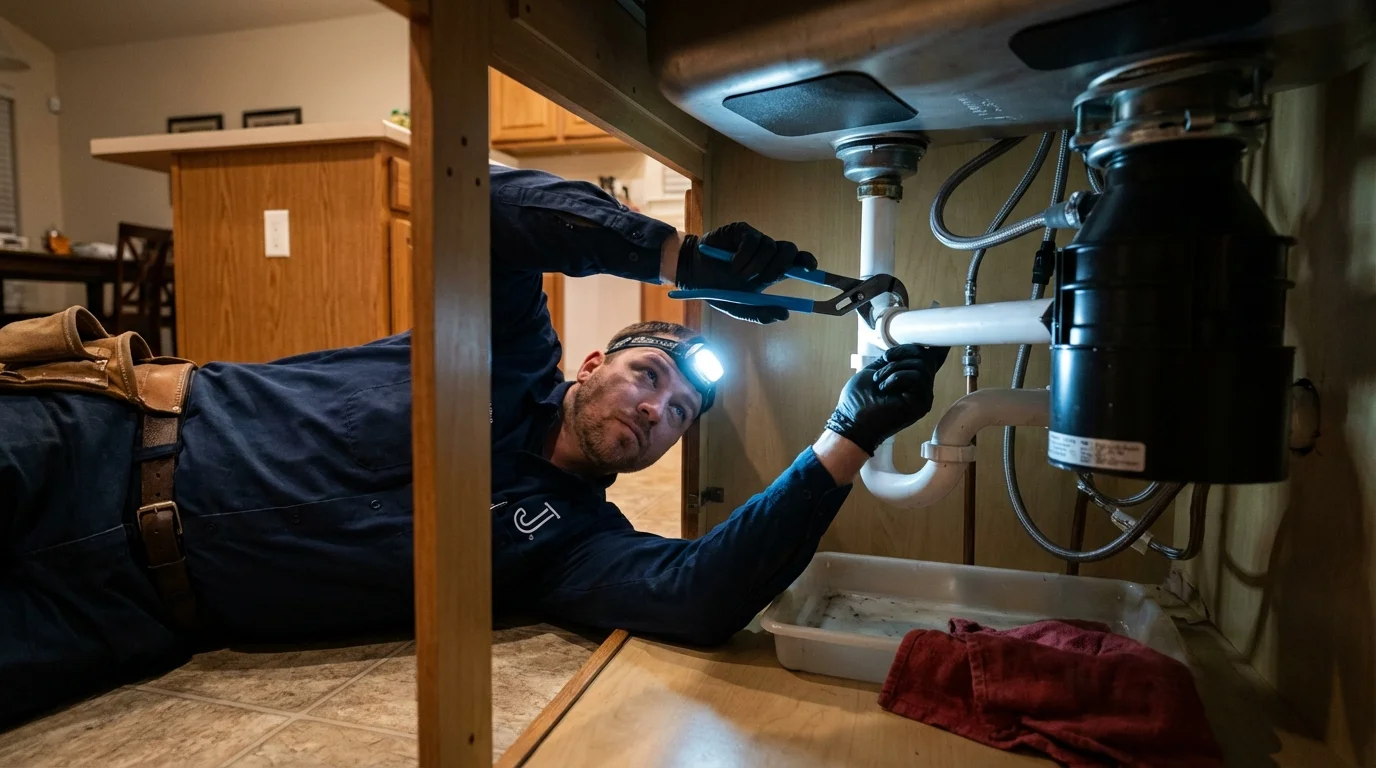 P-trap and supply line connections under a kitchen sink showing a common leak point in Parkersburg, WV
